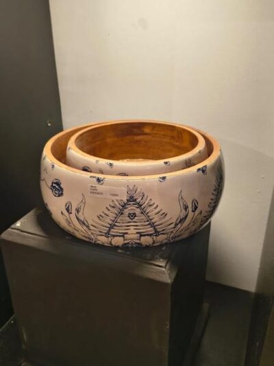 Set x2 cuencos de madera, blanco y azul