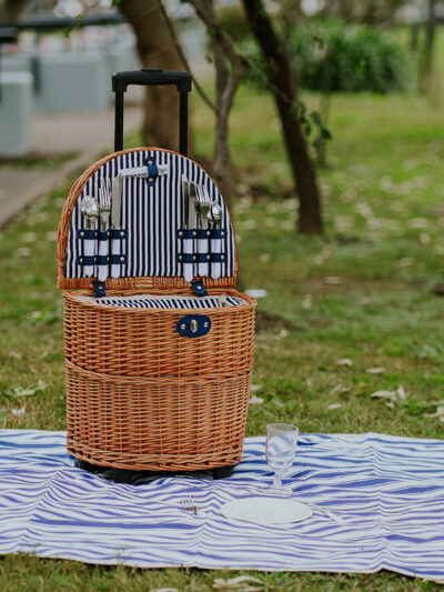 Canasta de picnic con carrito para 4 personas azul a rayas